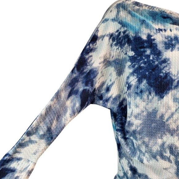 Three Bird Nest Medium Blue White Tie Dye Top Cowl Neck Waffle Knit USA MADE - Picture 10 of 14